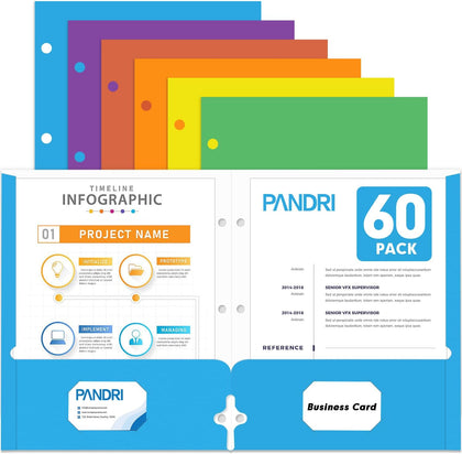 Two Pocket Portfolio Folders, PANDRI 60 Pack 3 Hole Punched 2 Pocket Folders for 3-Ring Binder, Letter Size Paper