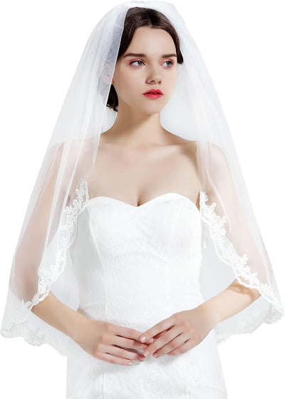 Wedding Bridal Veil with Comb 1 Tier Lace Applique Edge