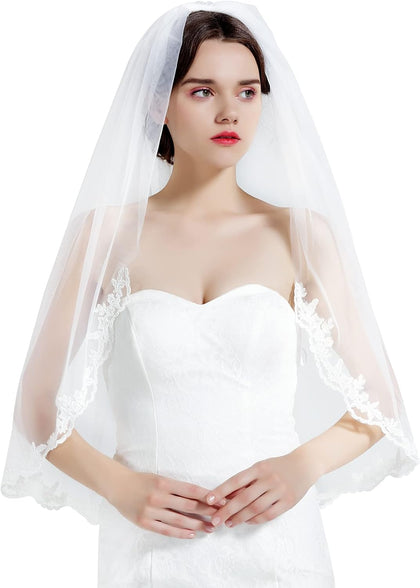 Wedding Bridal Veil with Comb 1 Tier Lace Applique Edge