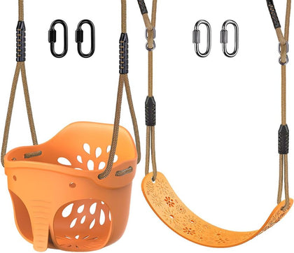 Toddler Swing Set Accessories, High Back Full Bucket Swing Seats with Adjustable Rope and 4 Locking Carabiners, Cute