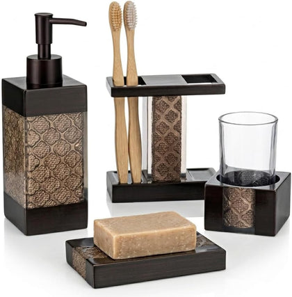 Dahlia Brown 4 Piece Bathroom Accessories Set | Includes Soap Dispenser, Toothbrush Holder, Tumbler Cup & Soap Dish