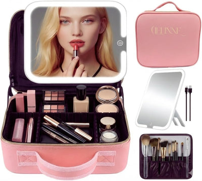 CIELINNE Travel Makeup Bag with LED Mirror, Portable Cosmetic Train Case, Adjustable Brightness in 3 colors Dividers