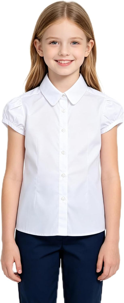 White Wrinkle-Free Girls Blouse: School Uniform Cotton Shirt | Ages 6-13