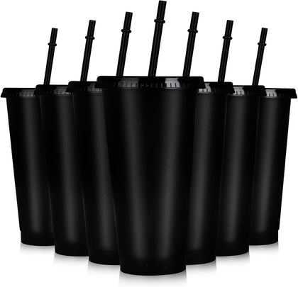 7 Sets Reusable Cups with Lids and Straws 24 oz Plastic Tumblers Black Party Favor Cups Water Bottle Iced Coffee
