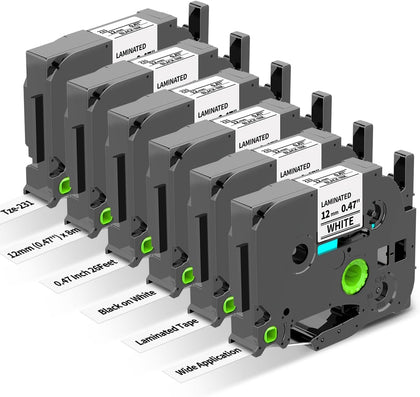 6-Pack Replace for Brother Label Maker Refills TZe-231 12mm 0.47 | Black Ink on White Tape Laminated Compatible with