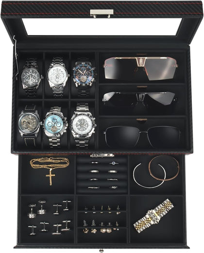 Watch Jewelry Box Organizer, 6-Slot 2-Layer Watch Case and Sunglasses Storage with Large Glass Lid, Men's Jewelry Box
