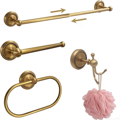 Antique Brass 4-Piece Bathroom Hardware Set Adjustable Towel Bar 13-24" | Vintage Gold Towel Bar, Oval Towel Ring