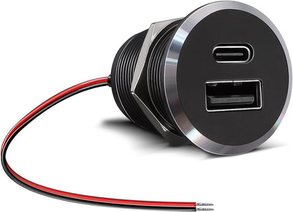 12V USB Outlet All-Aluminum QC 3.0 USB-A & USB-C PD3.0 Dual Fast Car Charger Socket, Recessed Mount Car USB Port for