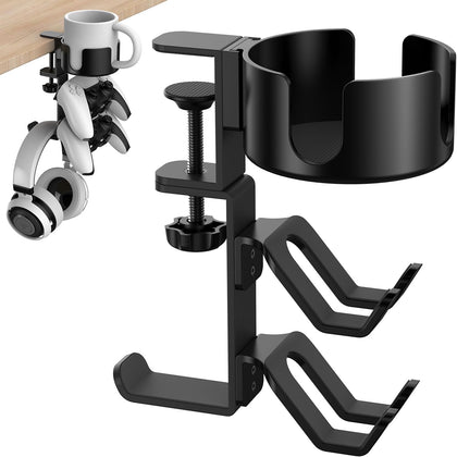 4 in 1 Desk Cup Holder with Headphone Hanger and Controller Stand Gaming Accessories, Universal Adjustable & Rotating