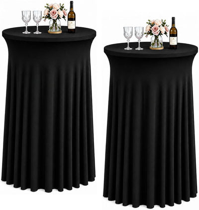 Round Spandex Cocktail Table Skirt, Fitted Black High Top Table Cover for Wedding & Party, 2 Packs (Fits 32" Diameter