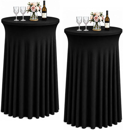 Round Spandex Cocktail Table Skirt, Fitted Black High Top Table Cover for Wedding & Party, 2 Packs (Fits 32" Diameter