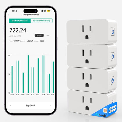 Smart Plug Outlet with Energy Monitoring, 15A 2.4 GHz Wi-Fi, 4-Pack | Tuya App Control, Alexa and Google Assistant