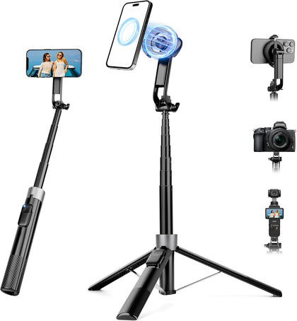 70" Magnetic Phone Tripod, Selfie Stick Tripod for iPhone MagSafe & Camera | Rechargeable Remote & 2 in 1 Magnetic