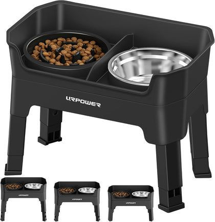 3-in-1 Elevated Dog Bowls - Mess Proof Double Deck 4 Height Adjustable Raised Stand with Stainless Steel Bowl & Slow