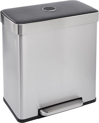 Dual Compartment Recycling Trash Can with Soft-Close Lid, Fingerprint Resistant, Removable Liner Buckets, 60 Liters