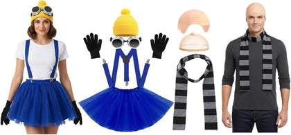 8 Pieces Halloween Costume Accessories Striped Scarf Bald Head Wig Steampunk Goggles Beanie Dress Suspenders Gloves