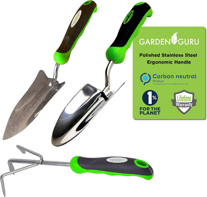 Garden Guru Garden Tool Set 3pc Hand Trowel Transplanter Cultivator – Heavy Duty Rust Resistant Stainless Steel
