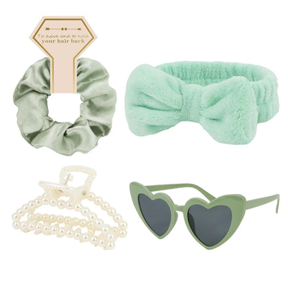4PCS Bridesmaid Proposal Gift Set Heart Sunglasses Pearl Hair Claw Clip Satin Hair Scrunchies Bridesmaid Spa Headband