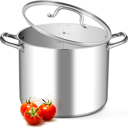 20 Quart Stainless Steel Cooking Pots, Large Stock Pot Cookware | Visible Lid & 3-Ply Base for All Stoves