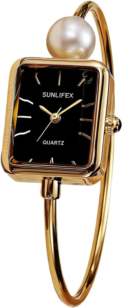 Pearl Bangle Watch for Women, Gold Bracelet Watch with Square Easy Read Dial, Dainty Elegant Cuff Watch for Women