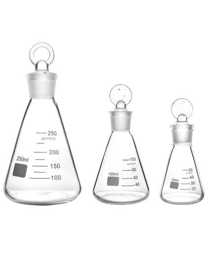 Borosilicate 3.3 Glass Erlenmeyer Flask Set (50, 100 and 250ml), 3 x Graduated Conical Flask with Glass Stopper for