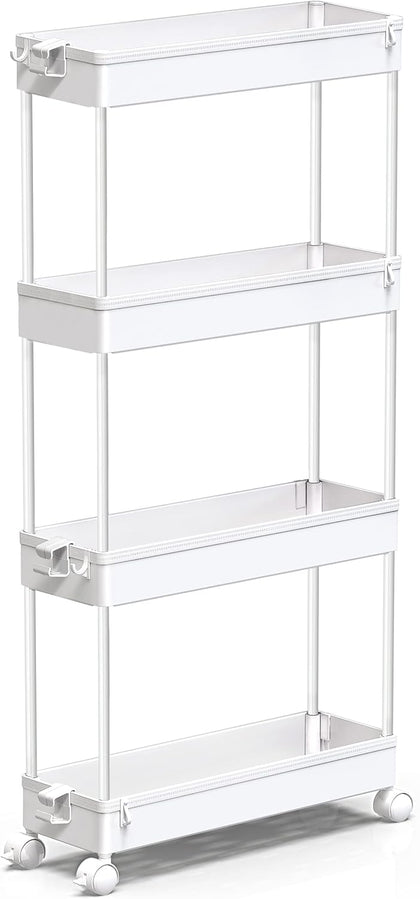Slim Rolling Storage Cart 4 Tier Bathroom Organizer Mobile Shelving Unit Utility Cart Tower Rack for Kitchen Laundry
