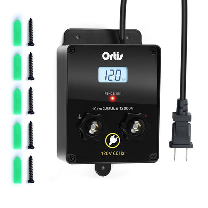 Electric Fence Energizer with LCD Display, Ortis 12,000V 3 Joules Electric Fence Charger, 6.2 Mile Range, Safe &