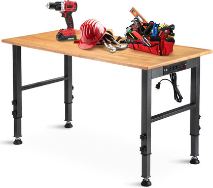 48" Adjustable Workbench with Power Outlet and Rubber Pad | Heavy Duty 2000 LBS Load Capacity Hardwood Workbench