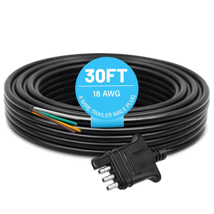 4 Way Trailer End Connector Wire 30 Feet Jacketed Cable, Heavy Duty 18AWG Color-Coded Copper Trailer-Side Male End 4