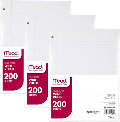 Loose Leaf Paper, 3 Pack, Notebook Paper, Wide Ruled Filler Paper, Standard, 8 x 10.5, 200 Sheets per Pack (73183)