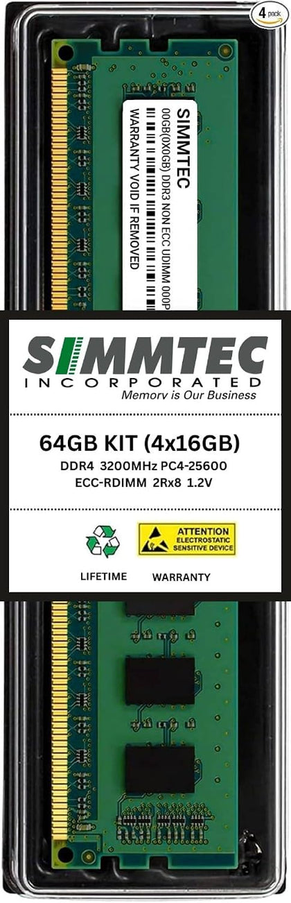 Simmtec 64GB (4x16GB) DDR4 3200MHz ECC Registered RDIMM Server Memory Kit – PC4-25600 CL22 2Rx8 288-Pin 1.2V – Compatible with ASUS Pro WS WRX80E-SAGE SE WiFi – Server RAM Upgrade