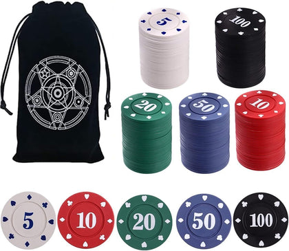 Poker Chips,Denomination Poker Chips Set with Black Velvet Pouch Bag,Plastic Game Chips,Game Night Party