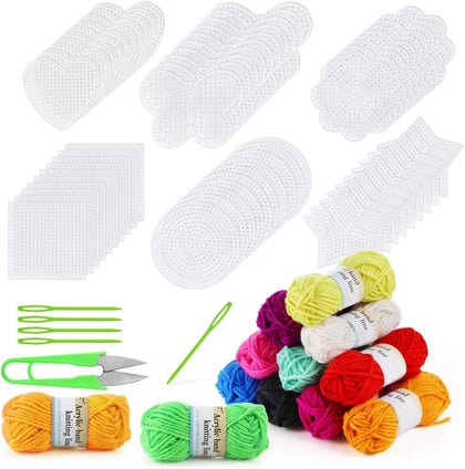 60-Piece Mesh Plastic Canvas Kit - 6 Shapes, 3-Inch Clear Canvas, 12 Colors Acrylic Yarn and Tools for Embroidery