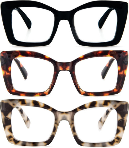 Oversized Square Reading Glasses for Women, Blue Light Blocking Large Frame Computer Readers Spring Hinge