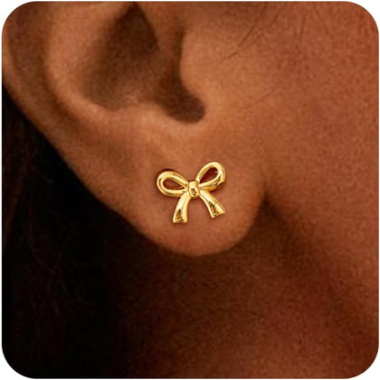 Gold Earrings for Women, 14k Gold Plated Bow Ribbon Earrings Hypoallergenic Non-Tarnish Dainty Cute Stud Tragus