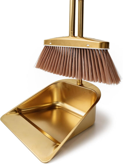Gold Broom and Dustpan Set, Minimalist Upright Sweeper with Long Handle, Heavy Duty Stainless Steel Metal Dust Pan
