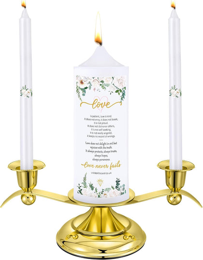 3 Unity Candles for Wedding Ceremony with Golden Stands White