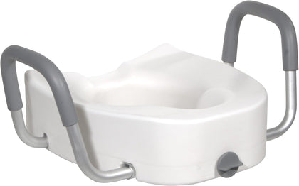Premium Plastic Raised Toilet Seat with Lock and Padded Armrests, Elongated, Pack of 1