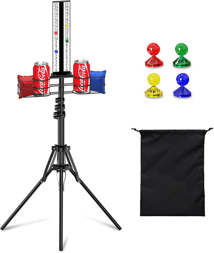 Cornhole Scoreboard with Drink Holder, Height Adjustable Foldable Cornhole Score Keeper with Storage Rack Includes 4