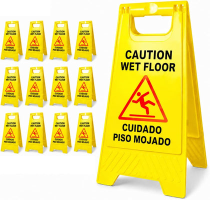 24 Inches Caution Wet Floor Sign - 12 Pack Double Sided, Bilingual Warning Floor Signs for Commercial Use, Foldable
