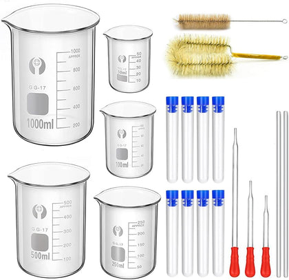 Glass Beakers Set 50/100/250/500/1000ml with 8Pcs Test Tubes | Borosilicate Measuring Beaker with Printed Graduation