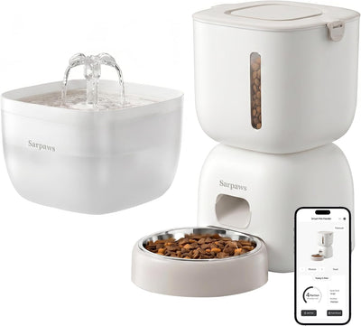 WiFi Automatic Cat Feeder and Water Fountain Set, App Control Smart Pet Food Dispenser with 304 Stainless Steel Bowl