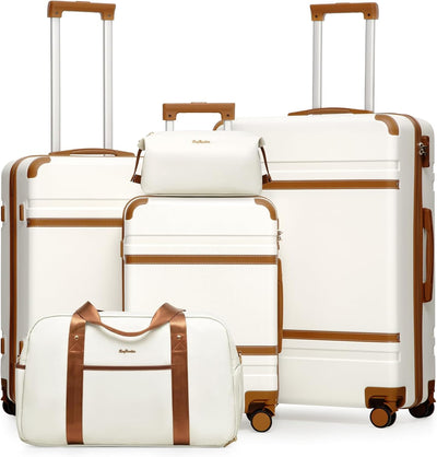 Luggage Sets 5 Piece, Suitcases With Wheels, PC+ABS Hardshell Luggage Set with Spinner Wheels, TSA Lock (White Brown)