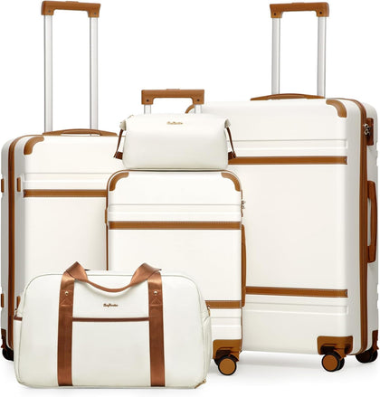 Luggage Sets 5 Piece, Suitcases With Wheels, PC+ABS Hardshell Luggage Set with Spinner Wheels, TSA Lock (White Brown)