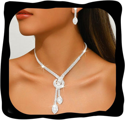Silver Rhinestone Bridal Wedding Jewelry Set Crystal Necklace Earrings Sets Formal Prom Costume Jewelry Sets for