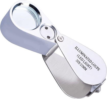 30X Jewelers Loupe with Light, Lighted Magnifying Glass Eye Loop, Illuminated LED Light Metal Pocket Magnifier for