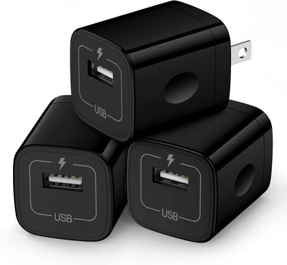 Wall Charger Cube,1A/5V Single Port USB Plug 3 Pack Travel Black Charging Block Box Adapter Compatible Phone,Samsung