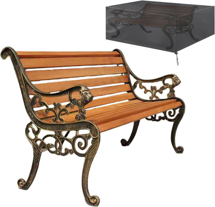 Outdoor Garden Bench with Waterproof Cover, Patio Park Lawn Solid Wood Bench with Cast Iron Frame, Patio Porch
