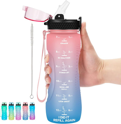24 OZ Motivational Kids Water Bottle With Time Marker,Straw Lid,Leak Proof, Tritan BPA Free Sports Water Bottle