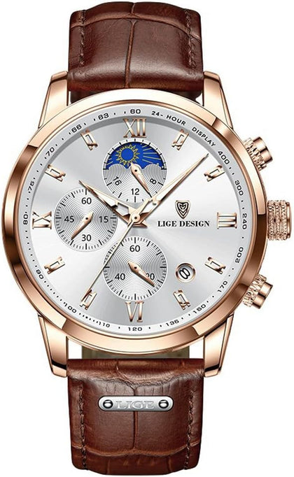 Men Casual Waterproof Roman Numerals Leather Band Analog Quartz Wristwatches with Chronograph Calender Business Watch